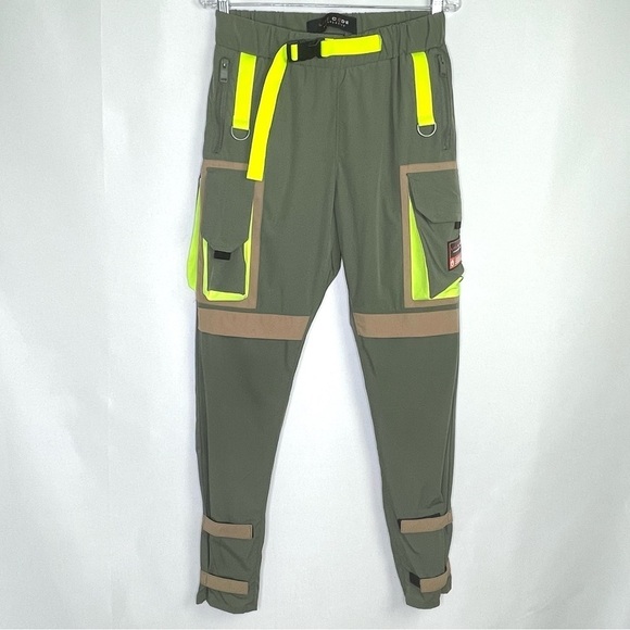 Life Code Progressive Cargo Jogger Pants Olive Green Neon Straps Size Small - Picture 1 of 11